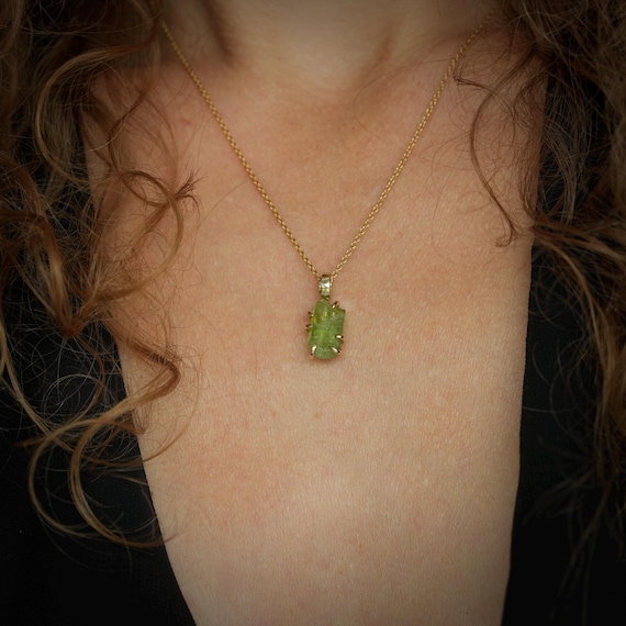 Raw Peridot Crystal Necklace. Rustic 14k / 585 Yellow Gold Prong Set Natural Raw Uncut Peridot Crystal Necklace. Crystal Pendant Necklace