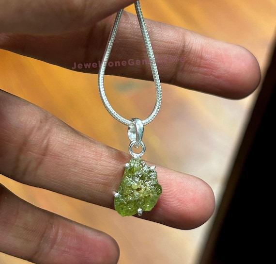 Raw Peridot Pendant: Sterling Silver August Birthstone Necklace