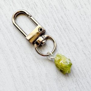 Raw Peridot Crystal Bag Charm: August Birthstone Keyring Raw Peridot Crystal Bag Charm: August Birthstone Keyring