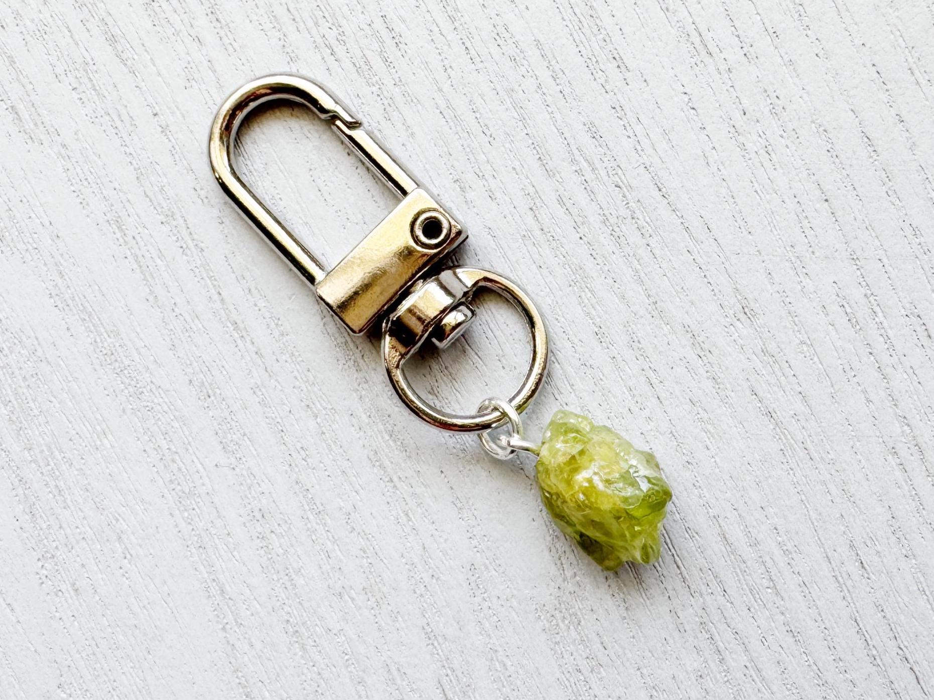 Raw Peridot Crystal Bag Charm: August Birthstone Keyring Raw Peridot Crystal Bag Charm: August Birthstone Keyring