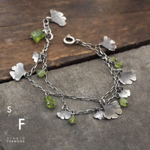 greenFORM - oxidized sterling silver and raw Peridot - ginkgo biloba leaf   -  gift for her