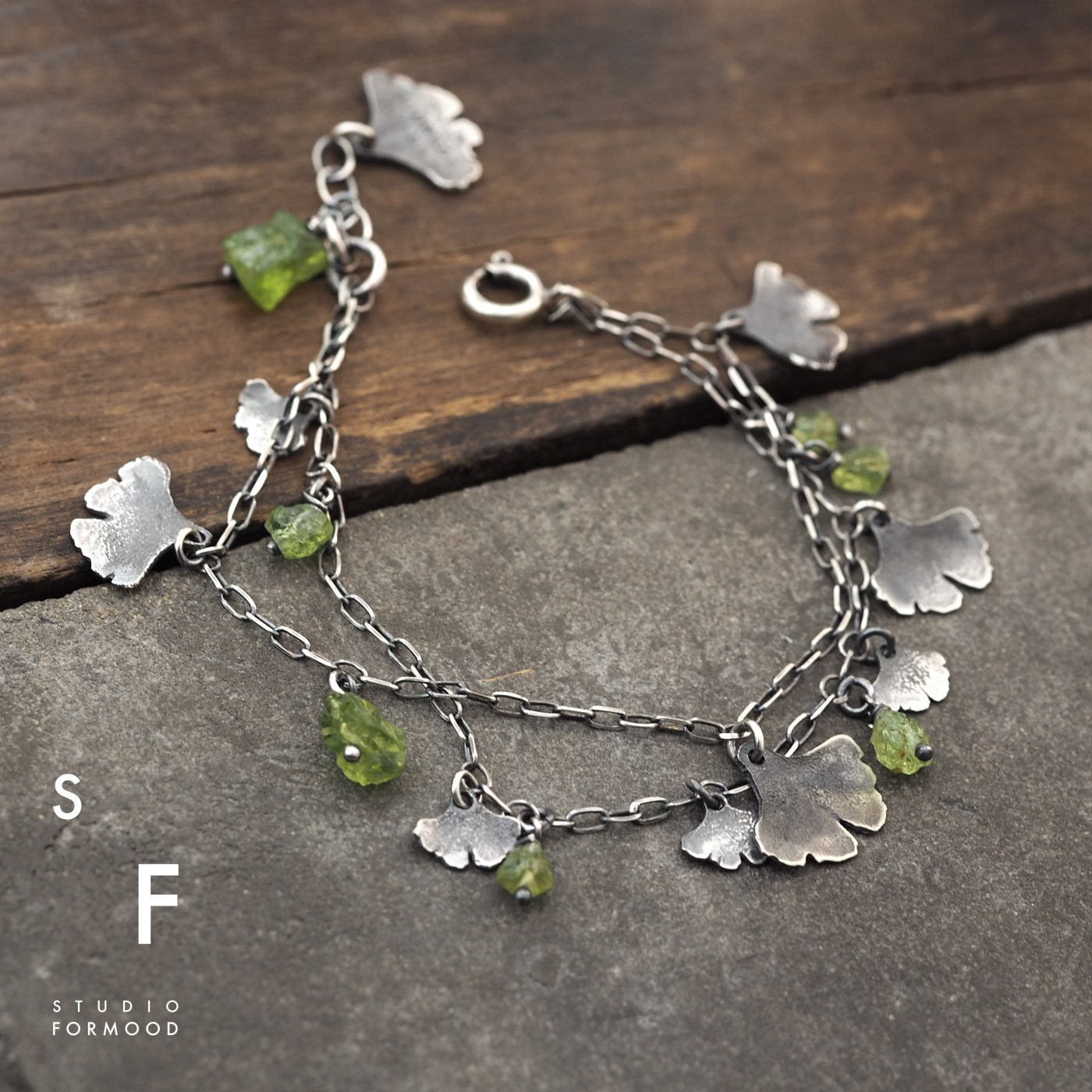 Greenform - Oxidized Sterling Silver And Raw Peridot - Ginkgo Biloba Leaf - Gift For Her