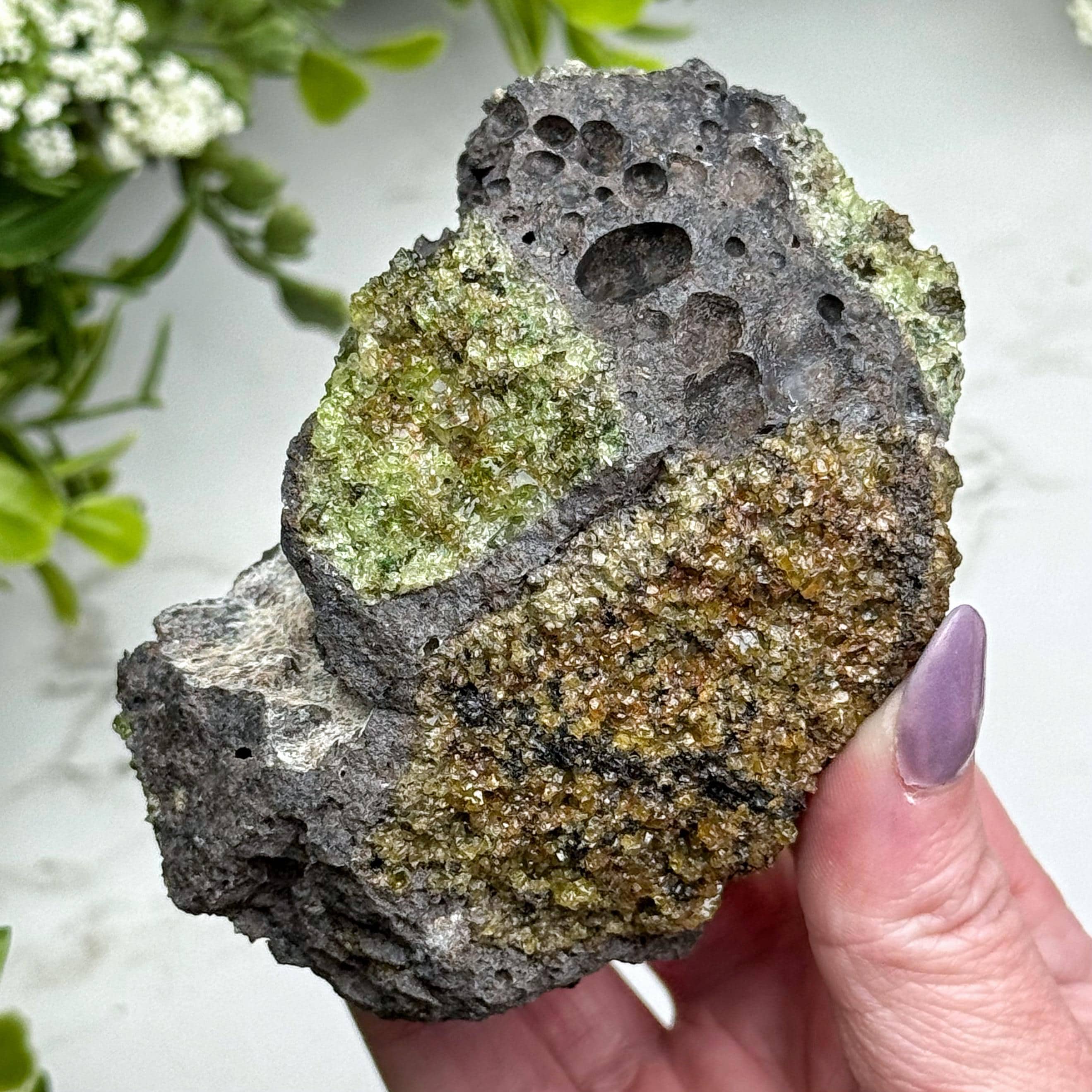 Peridot On Lava Rock | 273g | - #8 (raw Green Crystal Chunk, Heart Chakra, Healing Stone)