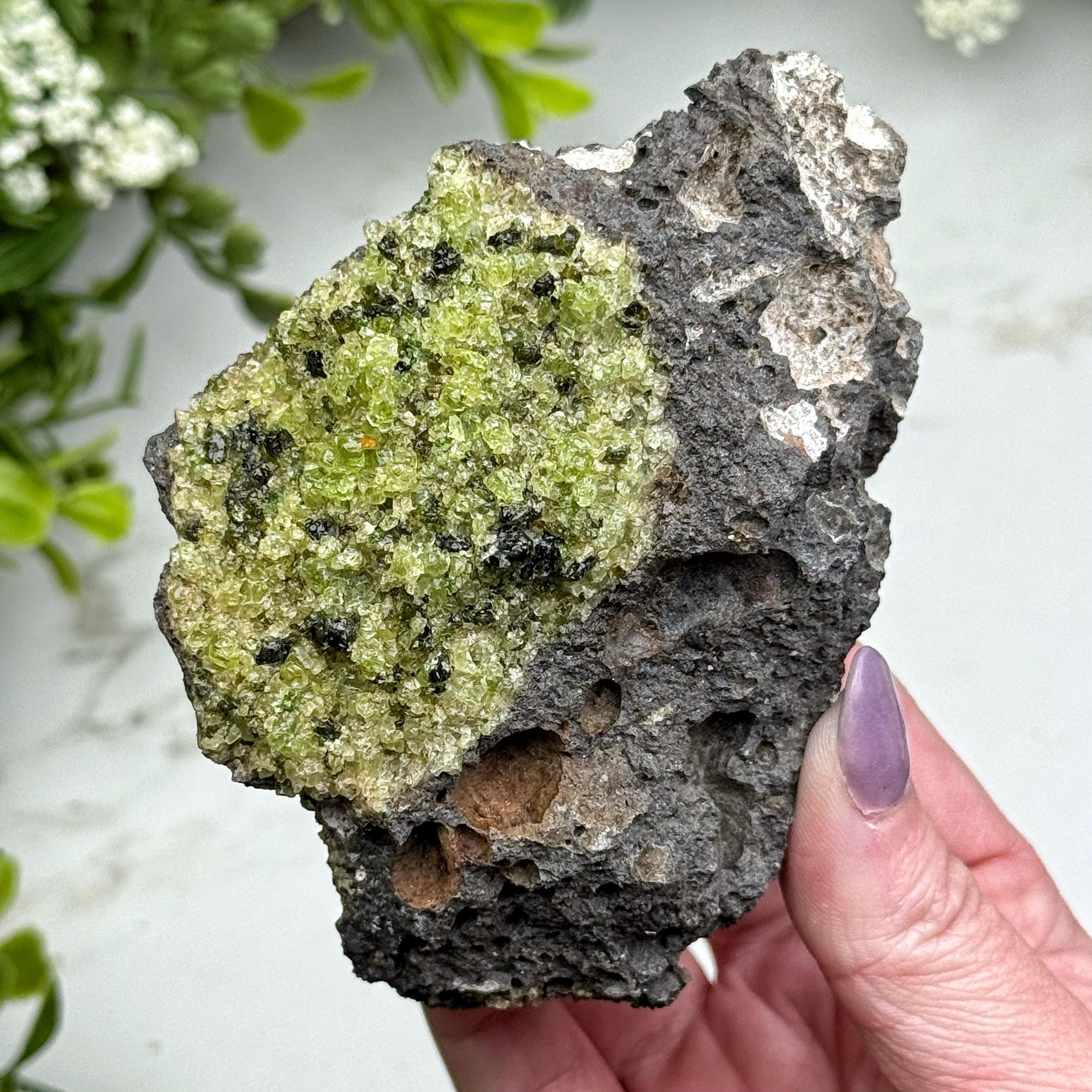 Peridot On Lava Rock | 290g | - #6 (raw Green Crystal Chunk, Heart Chakra, Healing Stone)