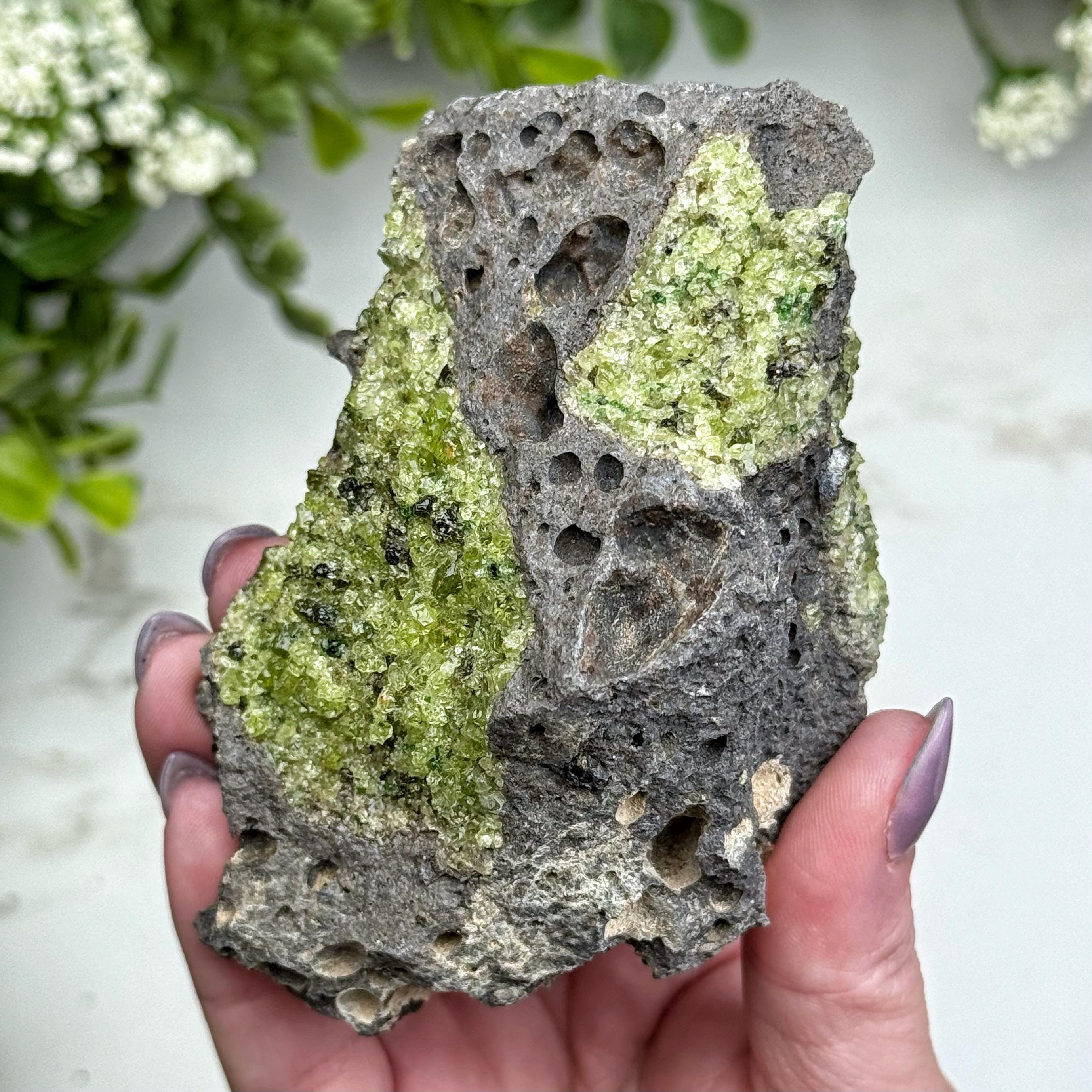 Peridot On Lava Rock | 239g | - #5 (raw Green Crystal Chunk, Heart Chakra, Healing Stone) Peridot On Lava Rock | 239g | - #5 (raw Green Crystal Chunk, Heart Chakra, Healing Stone)