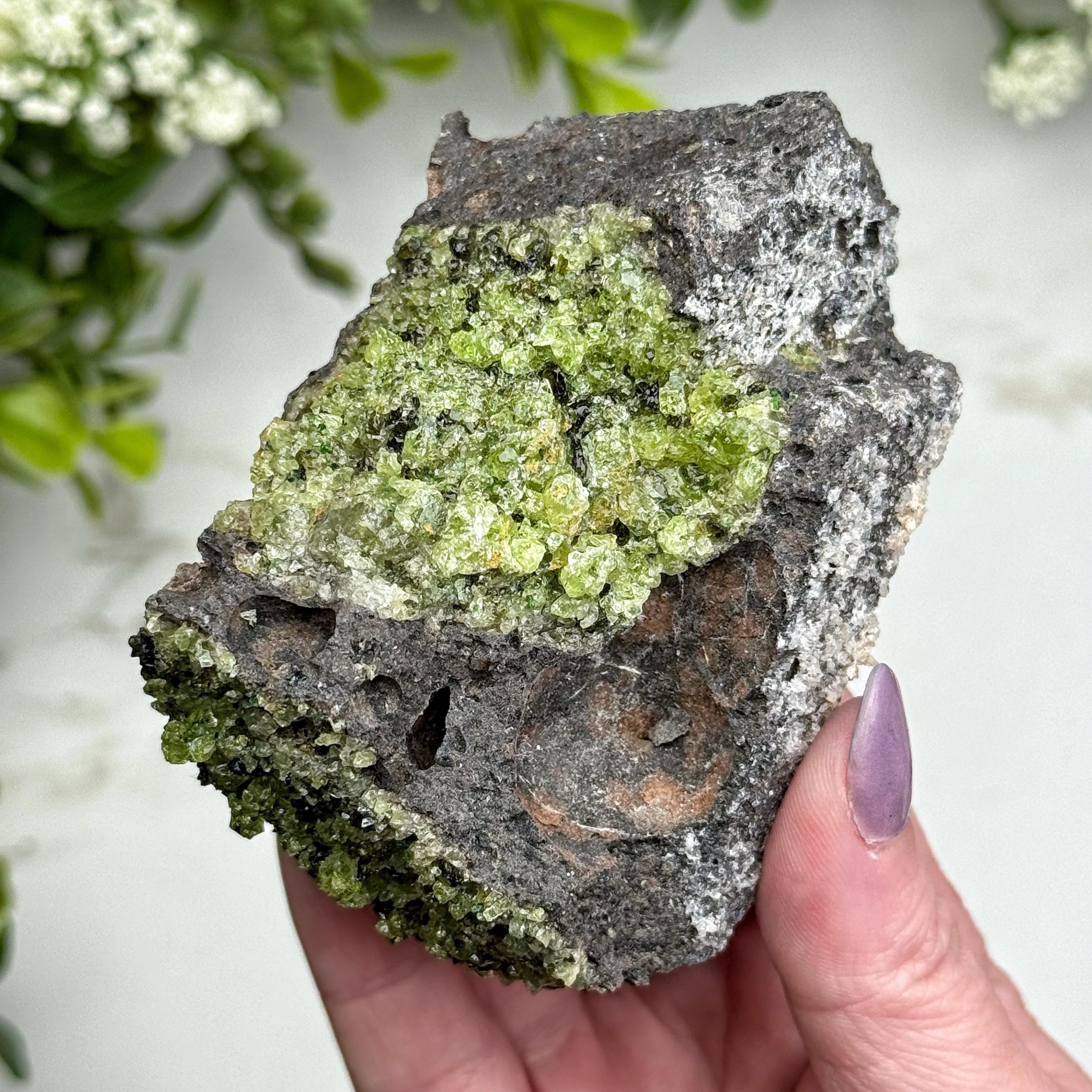 Peridot On Lava Rock | 233g | - #2 (raw Green Crystal Chunk, Heart Chakra, Healing Stone)