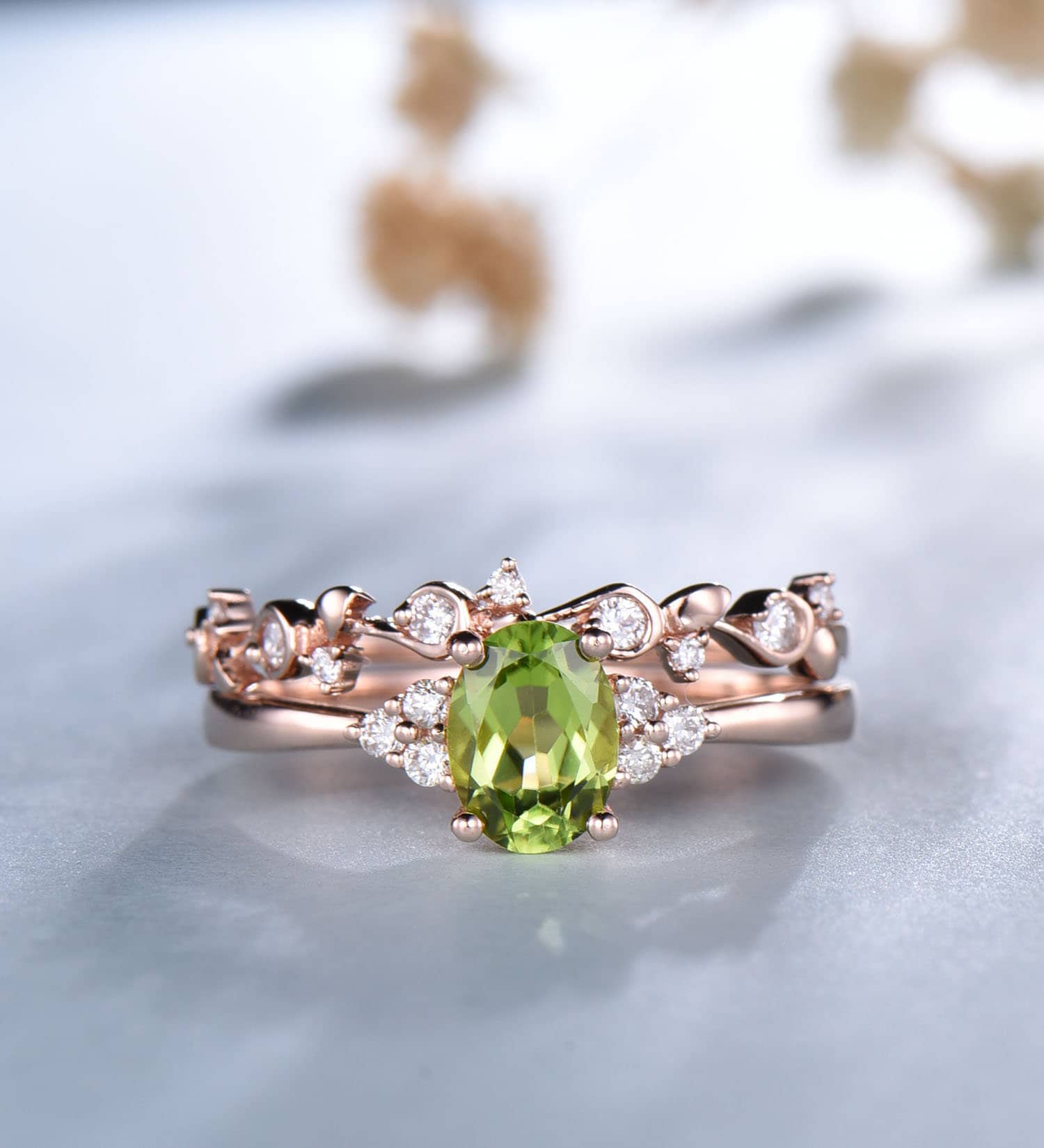 14k Gold Peridot Bridal Set: Vintage Sterling Silver Stacking Ring