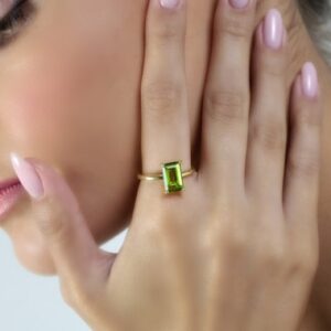 14k Gold Peridot Rectangle Gemstone Ring · August Birthstone Ring For Women · Emerald Cut Ring · Green Ring · Solitaire Stone Ring