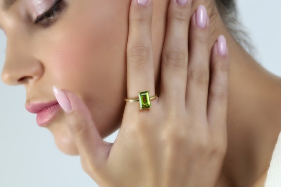 14k Gold Peridot Rectangle Gemstone Ring · August Birthstone Ring For Women · Emerald Cut Ring · Green Ring · Solitaire Stone Ring