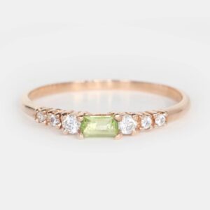 14k Rose Gold Emerald Cut Peridot Diamond Ring, August Birthstone, Dainty Minimalist Stackable Jewelry