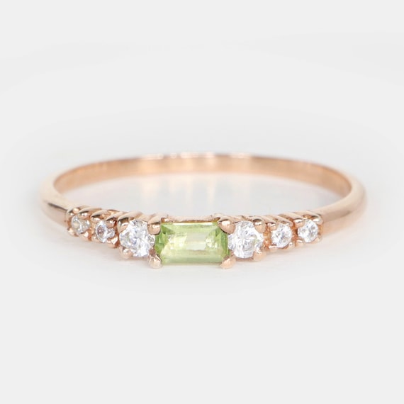14k Rose Gold Emerald Cut Peridot Diamond Ring, August Birthstone, Dainty Minimalist Stackable Jewelry