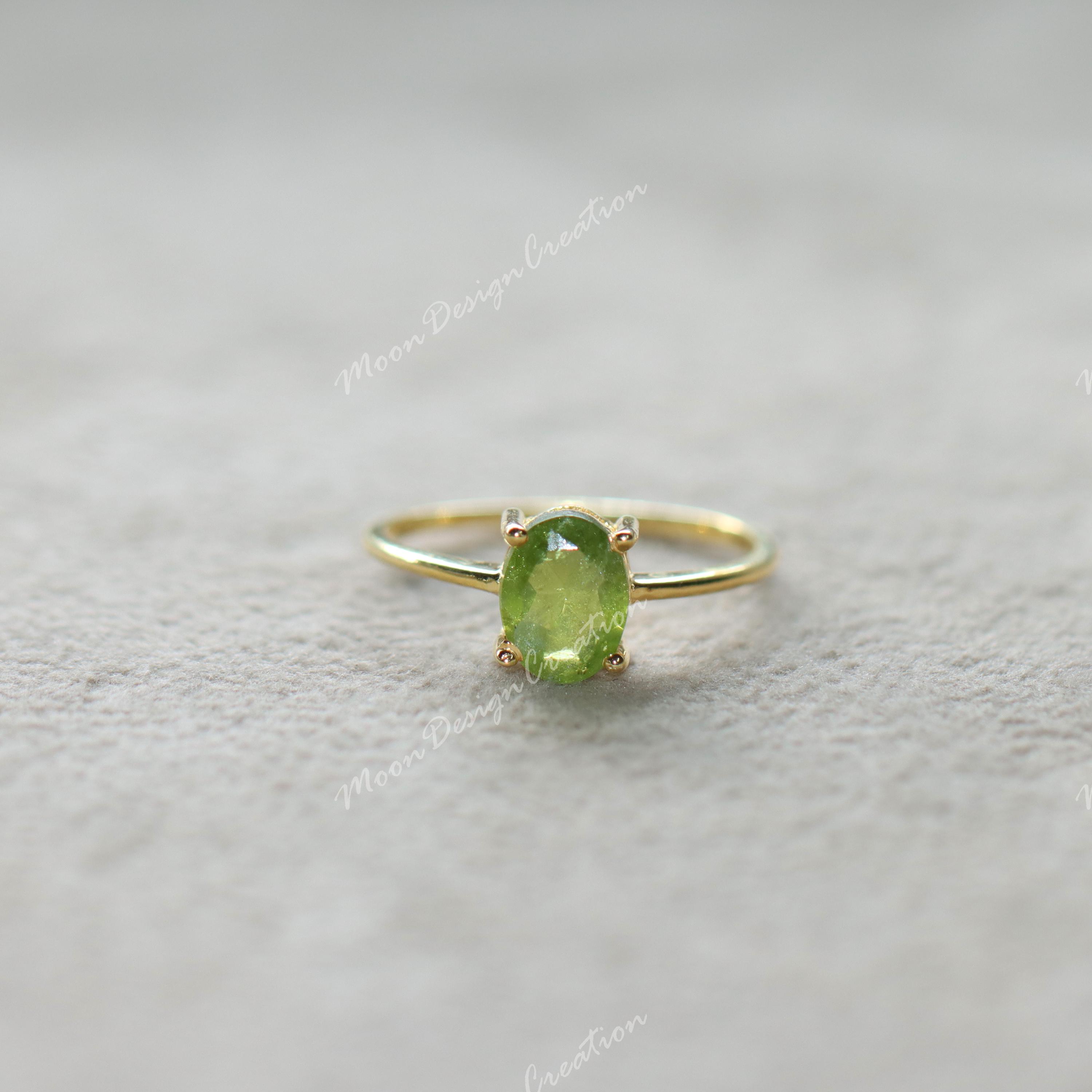 Dainty Peridot Solitaire Ring: Sterling Silver August Birthstone