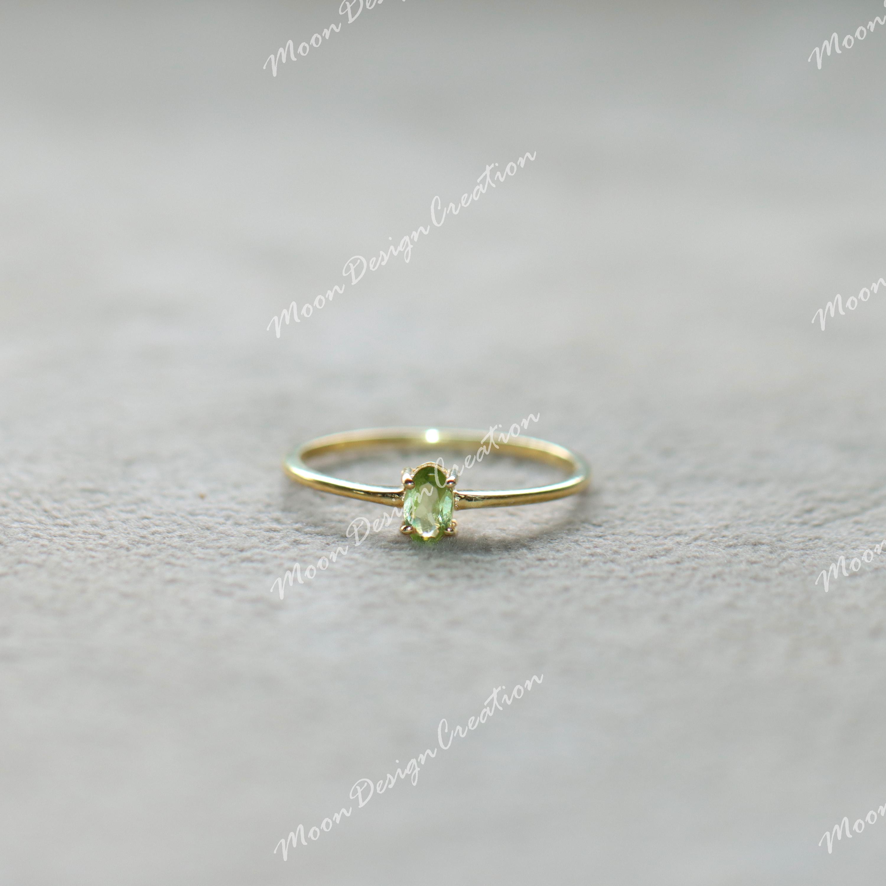 Dainty Peridot Solitaire Ring: Sterling Silver August Birthstone