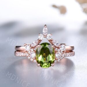 Peridot Engagement Ring Set: Vintage Rose Gold Wedding Band