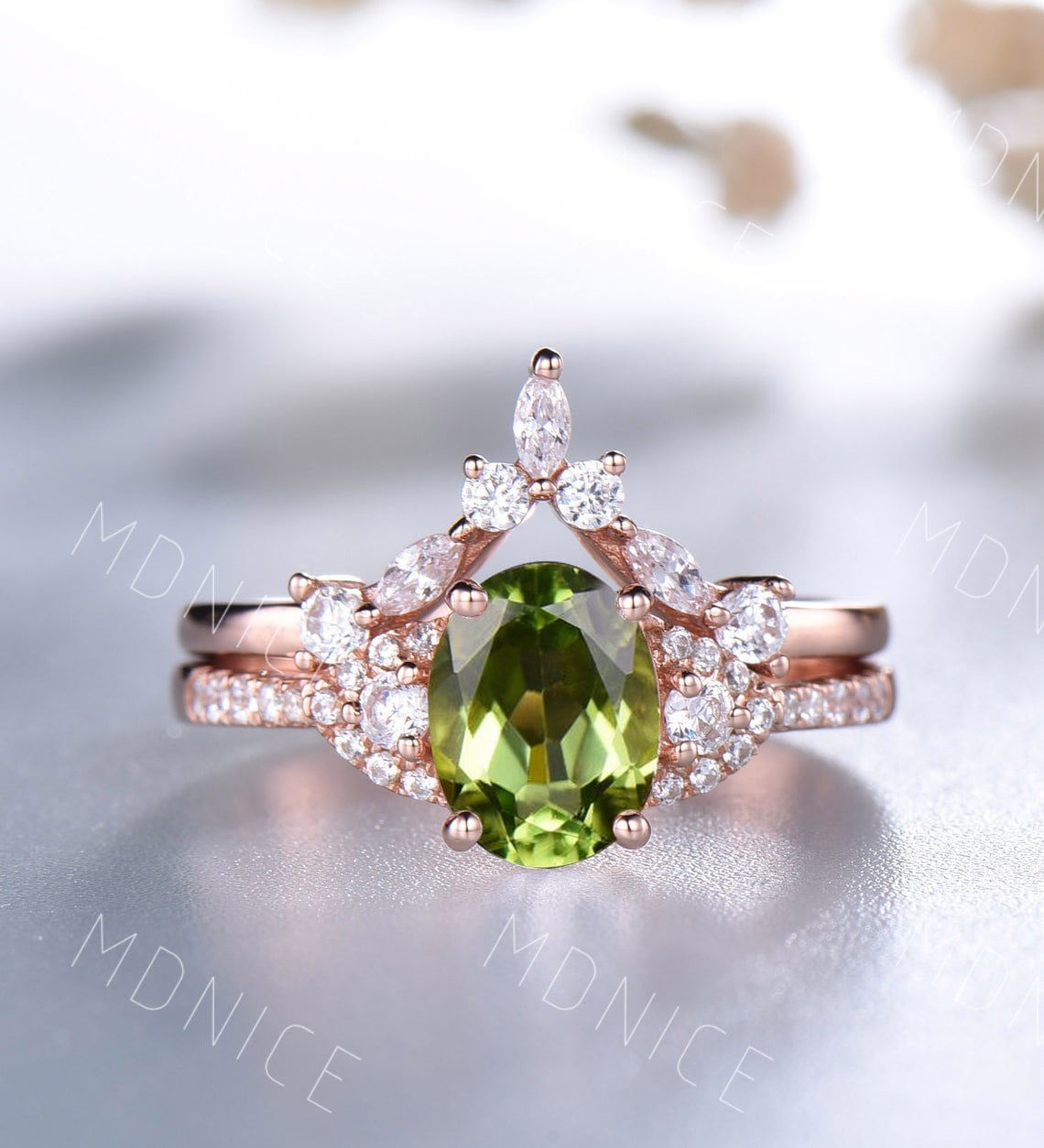 Peridot Engagement Ring Set: Vintage Rose Gold Wedding Band
