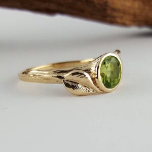 Peridot Gemstone Engagement Ring - Leaf Twig Design, Promise Ring, Polished Gold Peridot Gemstone Engagement Ring - Leaf Twig Design, Promise Ring, Polished Gold