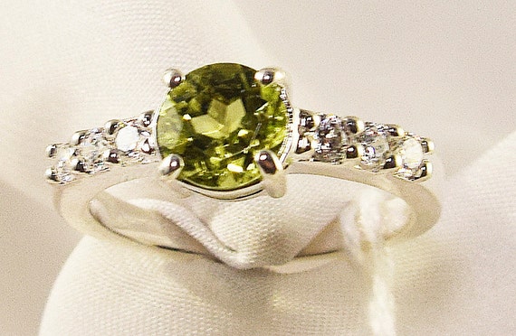 Peridot Ring, Genuine Natural 6mm Round Set With White Cubic Zirconia Accents, Set In 925 Sterling Silver Ring