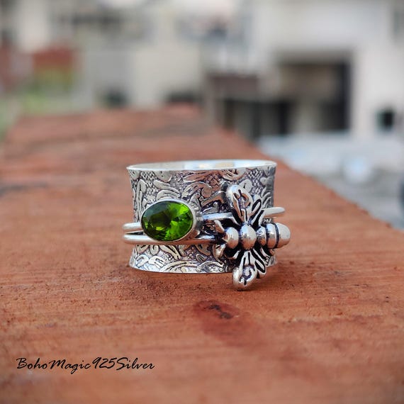 Handmade Honey Bee Peridot 925 Sterling Silver Spinner Ring Handmade Honey Bee Peridot 925 Sterling Silver Spinner Ring