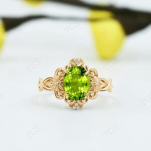 Natural Peridot Engagement Ring For Women 14K Gold Peridot Gemstone Ring Art Deco Floral Design Bridal Ring Antique Filigree Wedding Ring