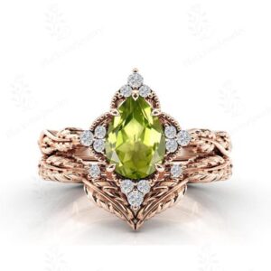 Natural Peridot Engagement Ring Set For Women Pear Cut Peridot Gemstone Ring Set 14k Gold Peridot Leaf Design Ring Set Anniversary Ring Set Natural Peridot Engagement Ring Set For Women Pear Cut Peridot Gemstone Ring Set 14k Gold Peridot Leaf Design Ring Set Anniversary Ring Set