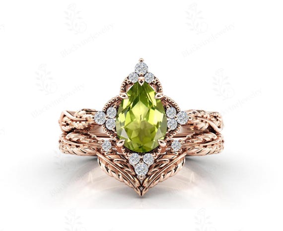 Natural Peridot Engagement Ring Set For Women Pear Cut Peridot Gemstone Ring Set 14k Gold Peridot Leaf Design Ring Set Anniversary Ring Set