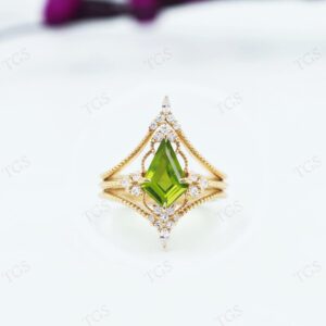 Natural Peridot Kite Engagement Ring Set For Women 925 Silver Peridot Statement Ring Set Kite Cut Peridot Gemstone Wedding Ring Set For Her
