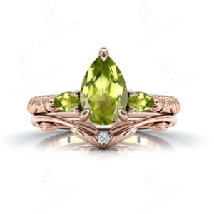 Natural Peridot Leaf Ring Set For Women Art Deco Peridot Engagement Ring Set 14k Gold Peridot Wedding Ring Set Pear Cut Peridot Bridal Rings