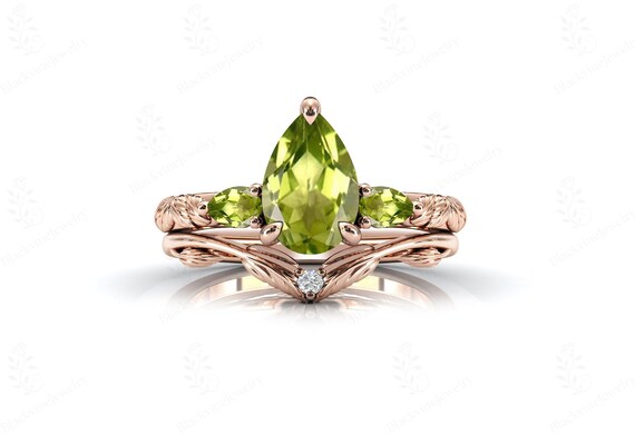 Natural Peridot Leaf Ring Set For Women Art Deco Peridot Engagement Ring Set 14k Gold Peridot Wedding Ring Set Pear Cut Peridot Bridal Rings
