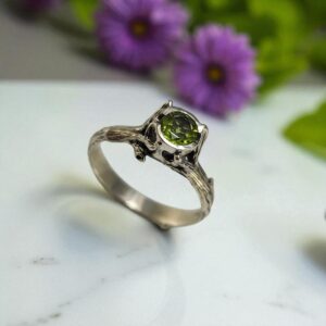 Natural Round Peridot Ring - Handmade Sterling Silver Twig Design