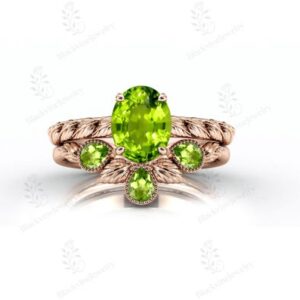 Nature Inspire Peridot Engagement Ring Set For Her Art Deco Peridot Gemstone Wedding Ring Set 925 Silver Peridot Leaf Design Bridal Ring Set