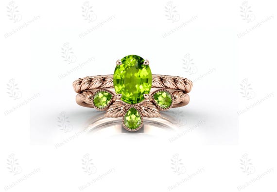Nature Inspire Peridot Engagement Ring Set For Her Art Deco Peridot Gemstone Wedding Ring Set 925 Silver Peridot Leaf Design Bridal Ring Set