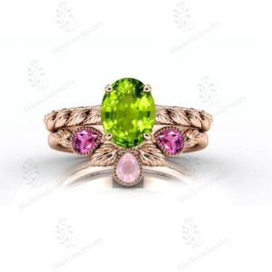 Nature Inspire Green Gemstone Ring Set For Her 925 Silver Peridot Engagement Ring Set Art Deco Statement Ring Set Unique Leaf Style Ring Set