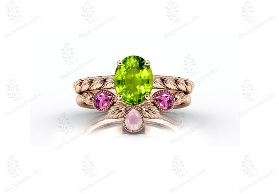 Nature Inspire Green Gemstone Ring Set For Her 925 Silver Peridot Engagement Ring Set Art Deco Statement Ring Set Unique Leaf Style Ring Set