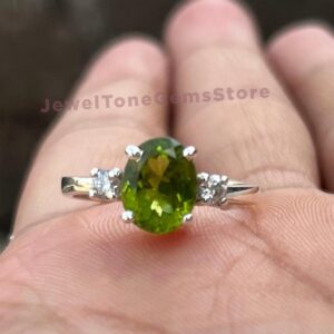 Oval Peridot Engagement Ring: Moissanite Vine, Sterling Silver Promise Ring