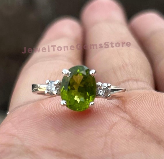Oval Peridot Engagement Ring: Moissanite Vine, Sterling Silver Promise Ring