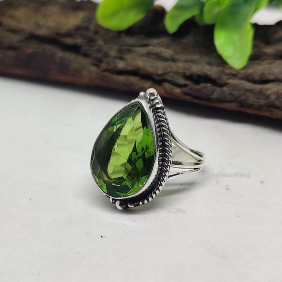 Pear Green Peridot Ring: Handcrafted 925 Sterling Silver Promise Ring