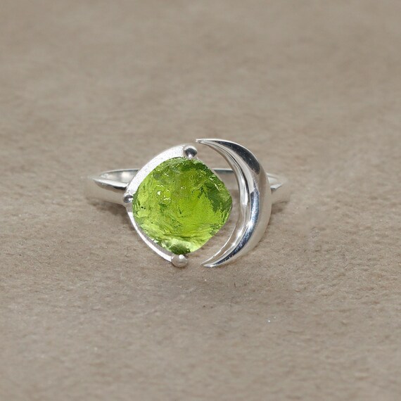 Raw Peridot Sterling Silver Ring: Handmade Gemstone Jewelry