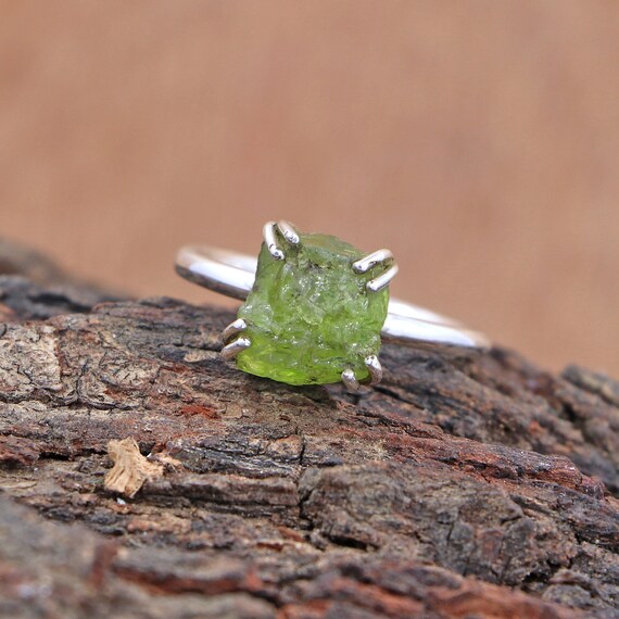 Rough Peridot Sterling Silver Ring - August Birthstone