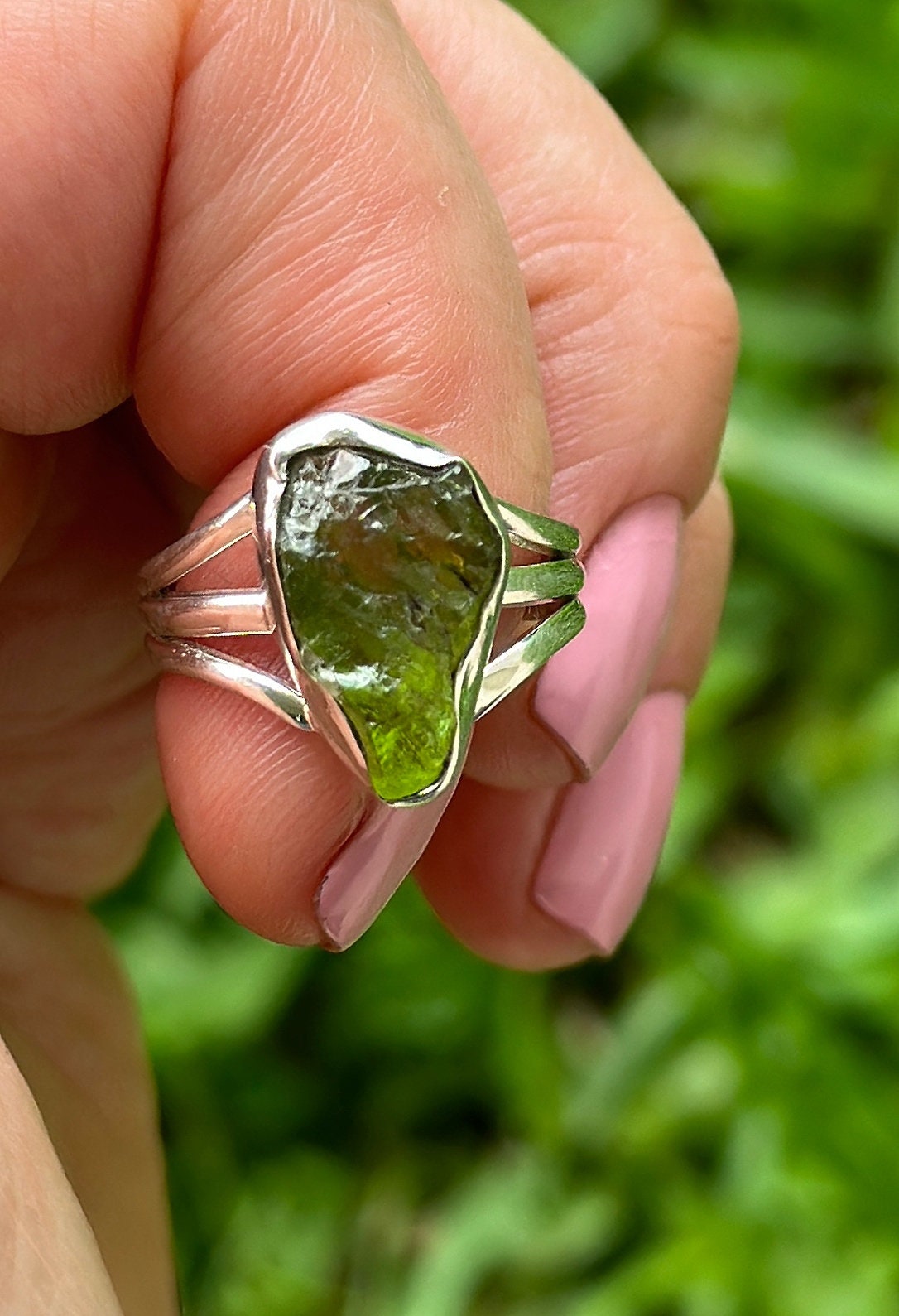 Size 7, Green Peridot ,rough Peridot, Sterling Silver, Ring