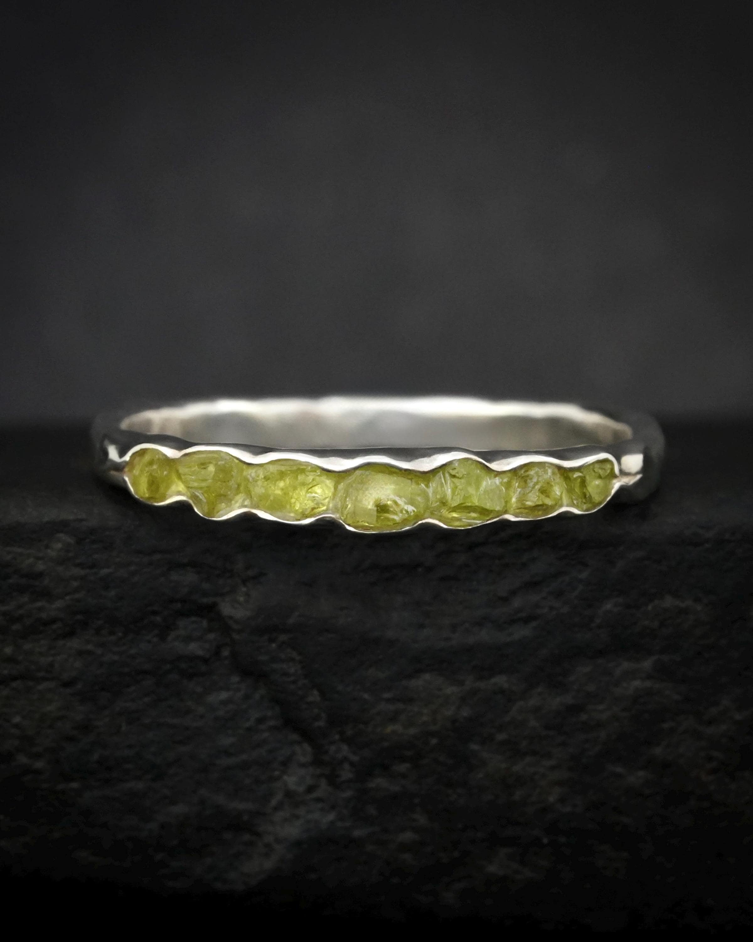 Uncut Peridot Crystal Band. Rustic Solid Silver Or Gold Natural Bezel Set Raw Peridot Alternative Wedding Stacking Ring