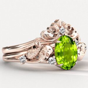Vintage Peridot Engagement Ring Art Deco Oval Shaped Peridot Wedding Ring Antique Filigree Design Bridal Ring Unique Leaf Style Promise Ring