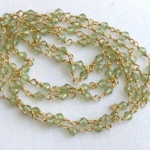 2.5mm Peridot Micro Faceted Rondelle Beads Connector Chains In 925 Silver Gold Polish Wire Wrapped Rosary Style Chain, By Foot - Ks3342