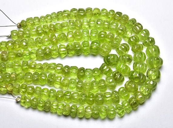 Peridot Carving Rondelles - 7 Inches - Natural Hand Carved Smooth Peridot Rondelle Size Is 5.5- 8 Mm #2177