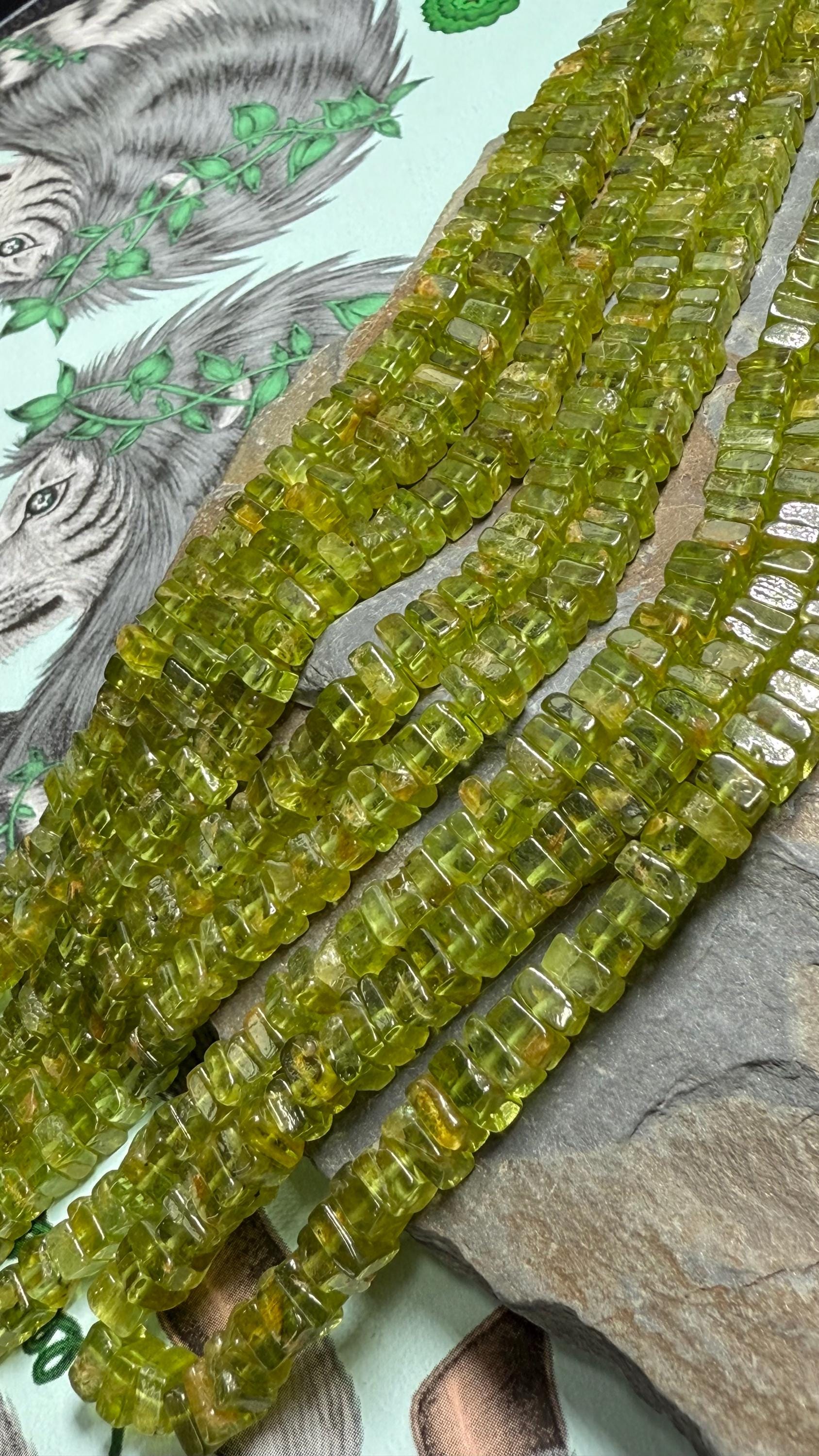 Peridot Green Handcut Rustic Square Heishi Rondelle Spacer Beads / Natural Translucent Gemstone Beads/ 4-5mm Approx Peridot Green Handcut Rustic Square Heishi Rondelle Spacer Beads / Natural Translucent Gemstone Beads/ 4-5mm Approx