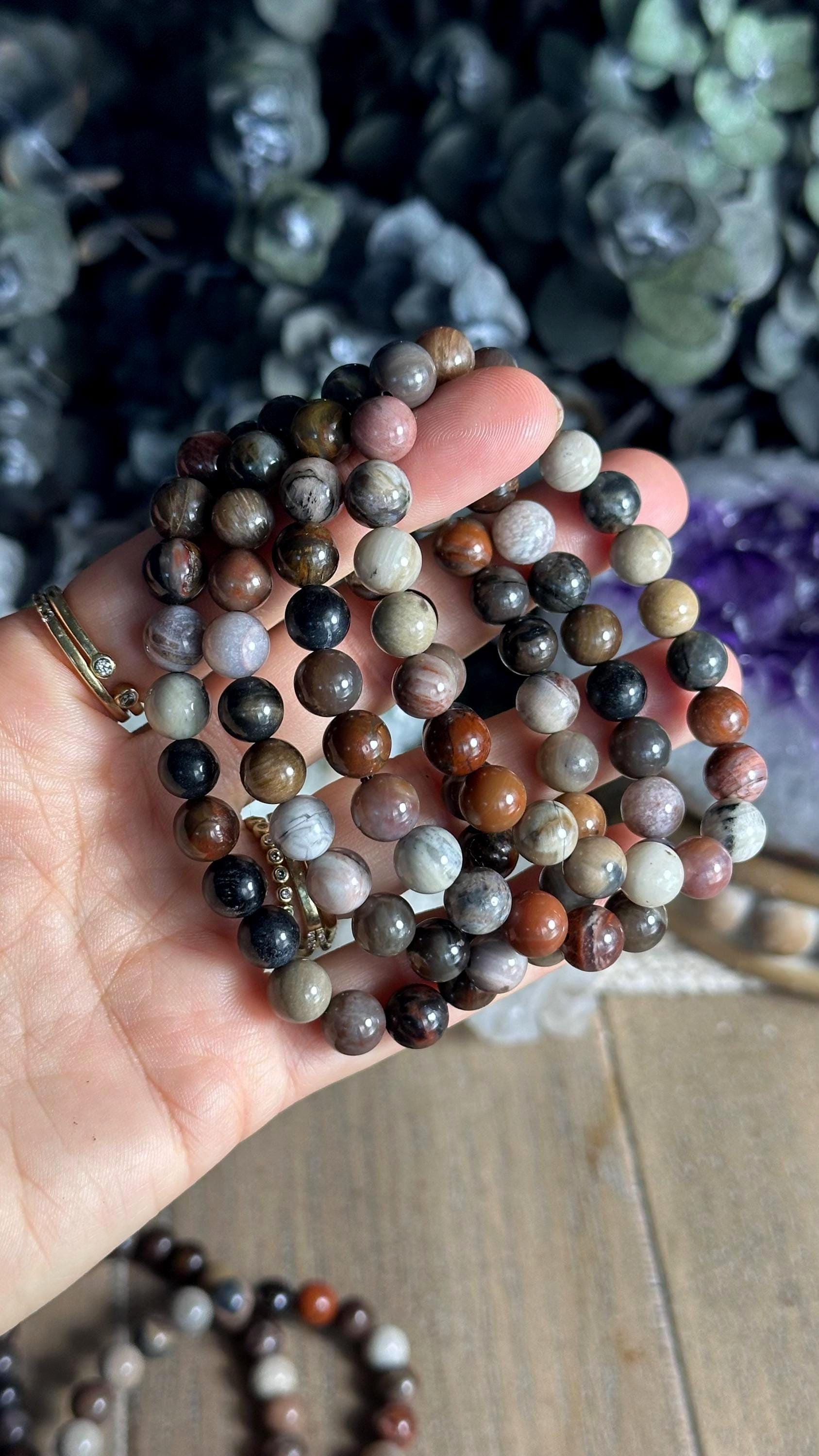 8mm Petrified Wood Crystal Beaded Bracelet