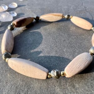 Creamy-golden Bracelet With Petrified Wood And Pyrit