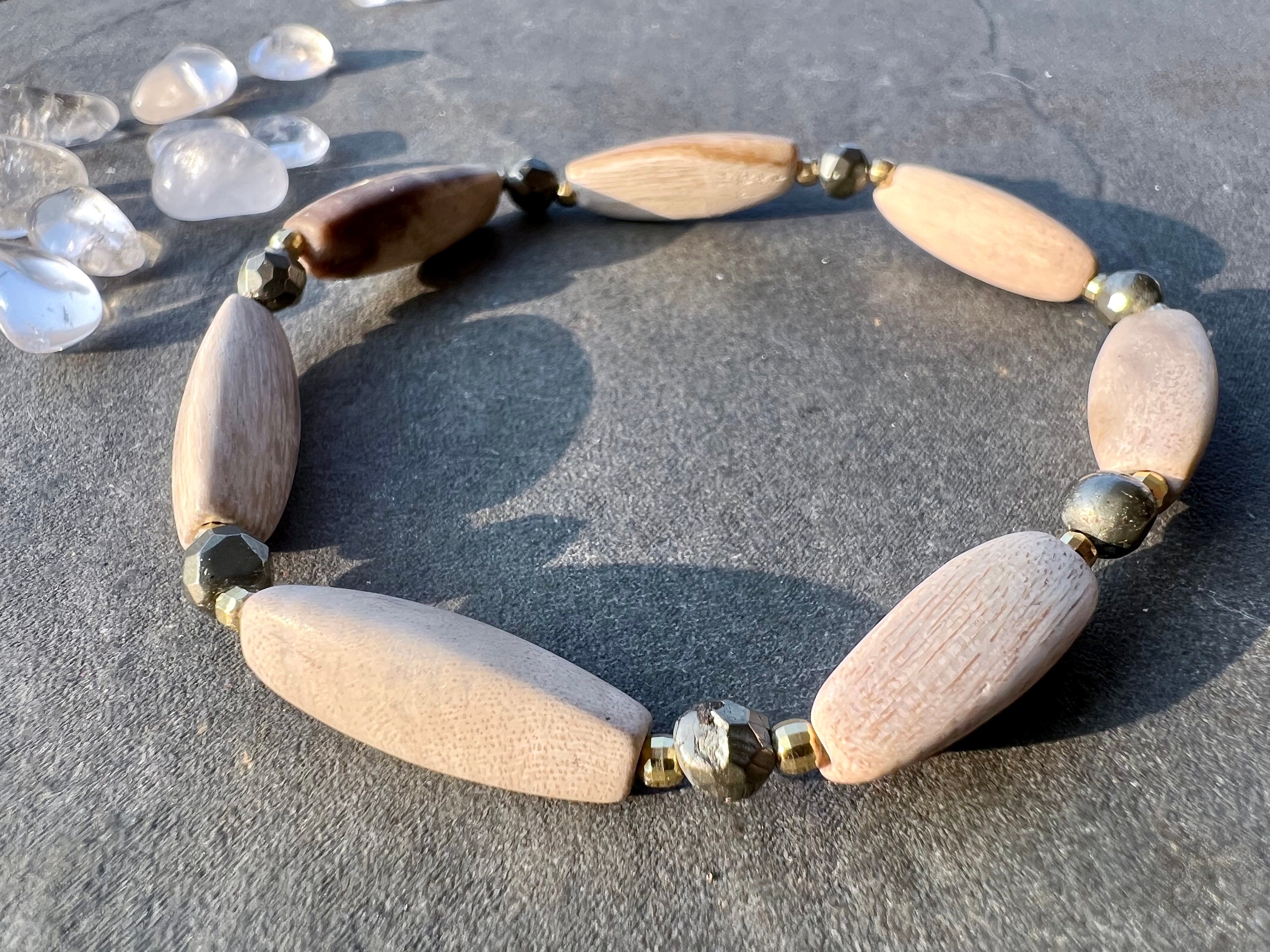 Creamy-golden Bracelet With Petrified Wood And Pyrit