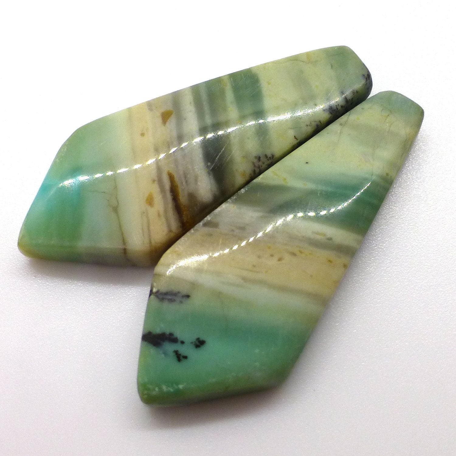 28.555 Carats Rarest Color - Green Opal Petrified Wood Cabochon - Opalized - Pair Of Cabochons To Make Earrings - Handmade Lapidary