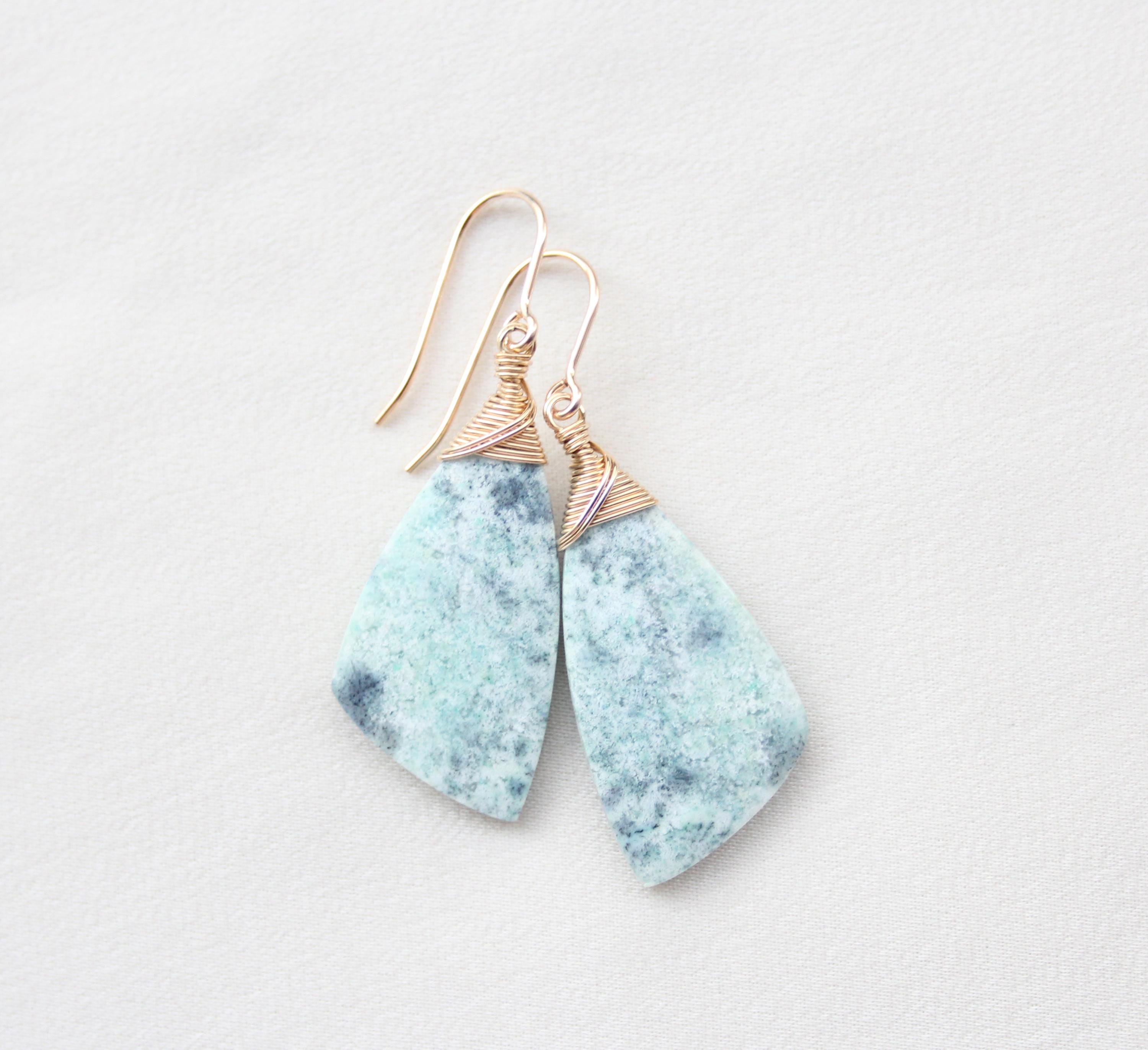 Blue Petrified Wood Earrings: 14k Gold Filled, Unique Stone, Statement Earrings