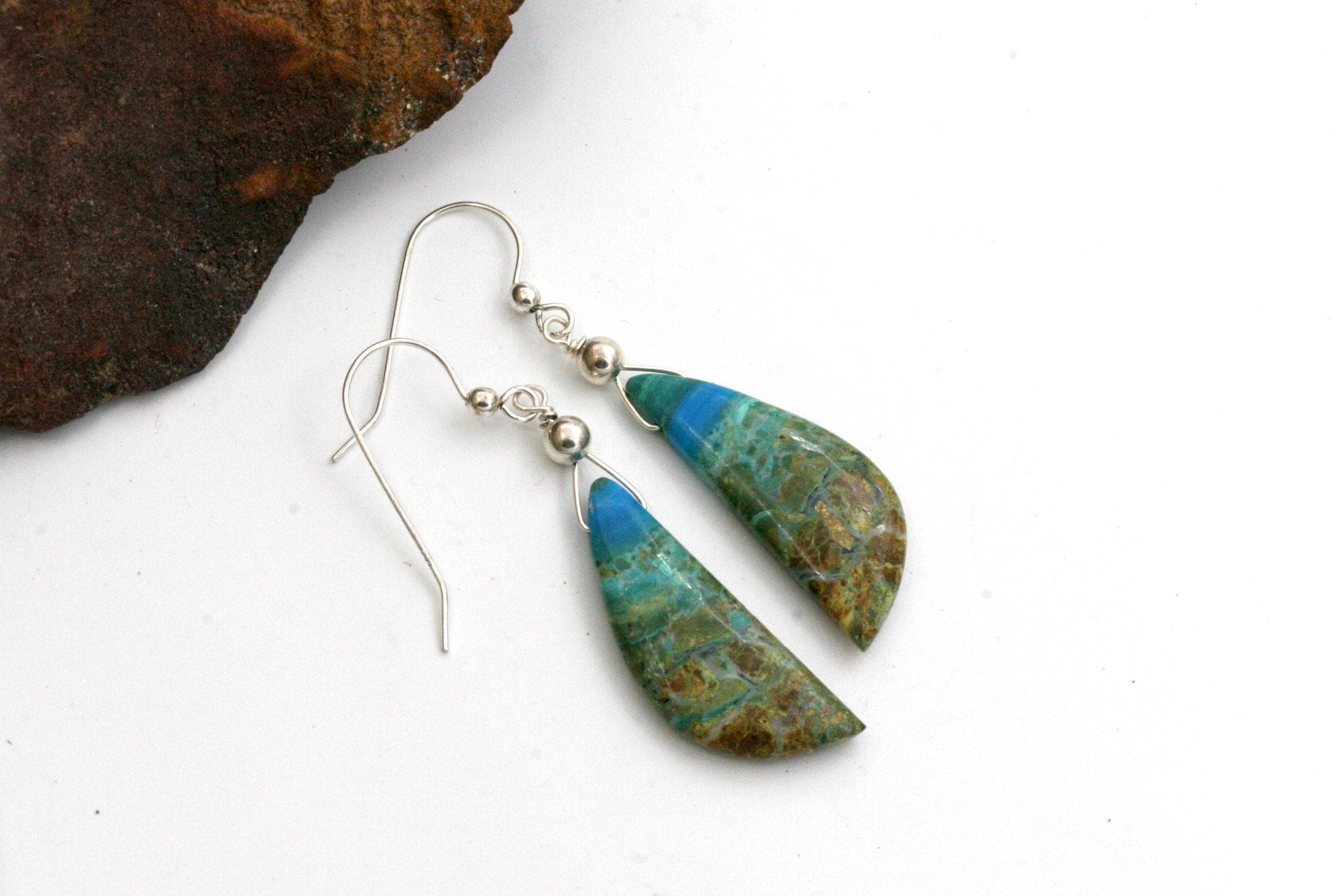 Blue Opal Petrified Wood Earrings, Ocean Jewelry